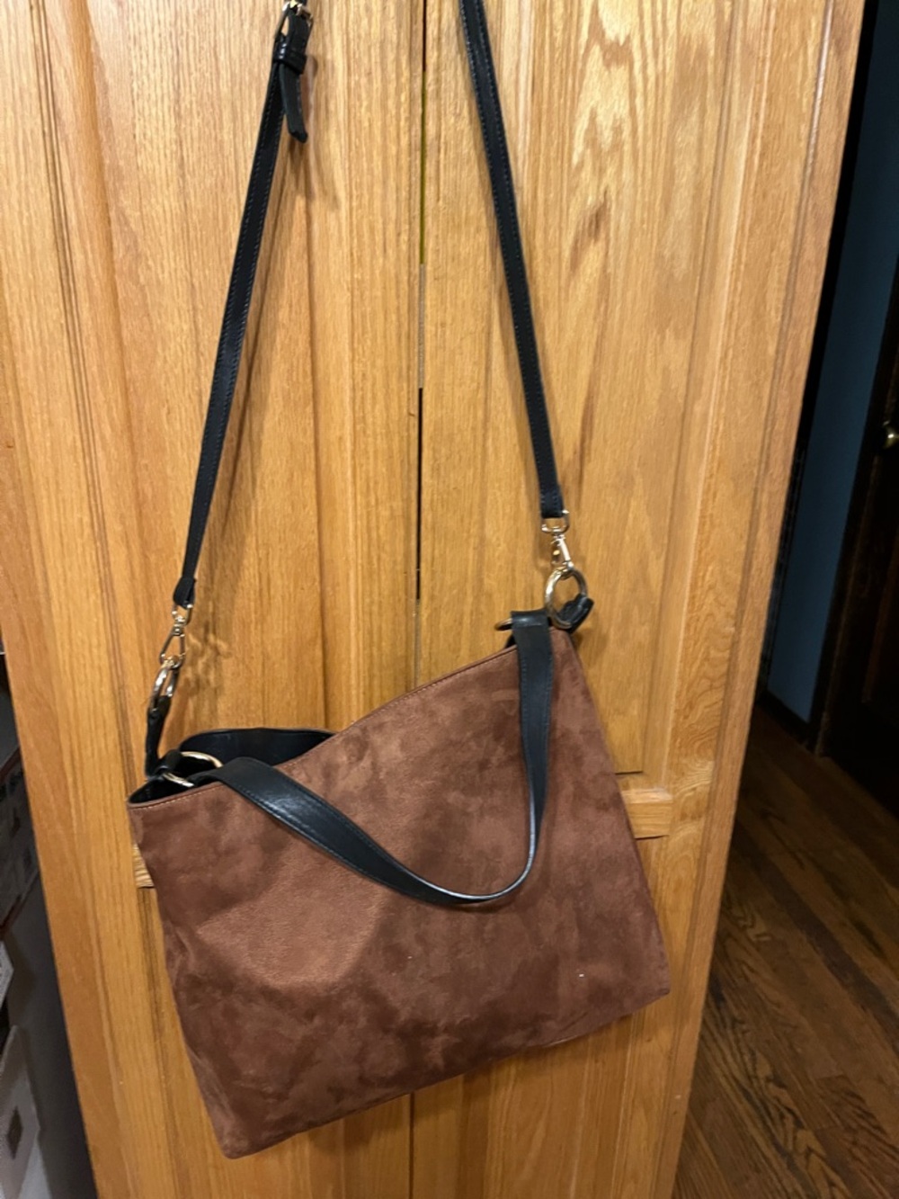 Georgia Milani genuine leather Brown Suede Crossbody Tote Bag with Black Strap